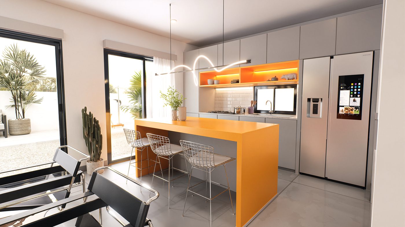 Interior de vivienda Berlín — cocina con isla amarilla
