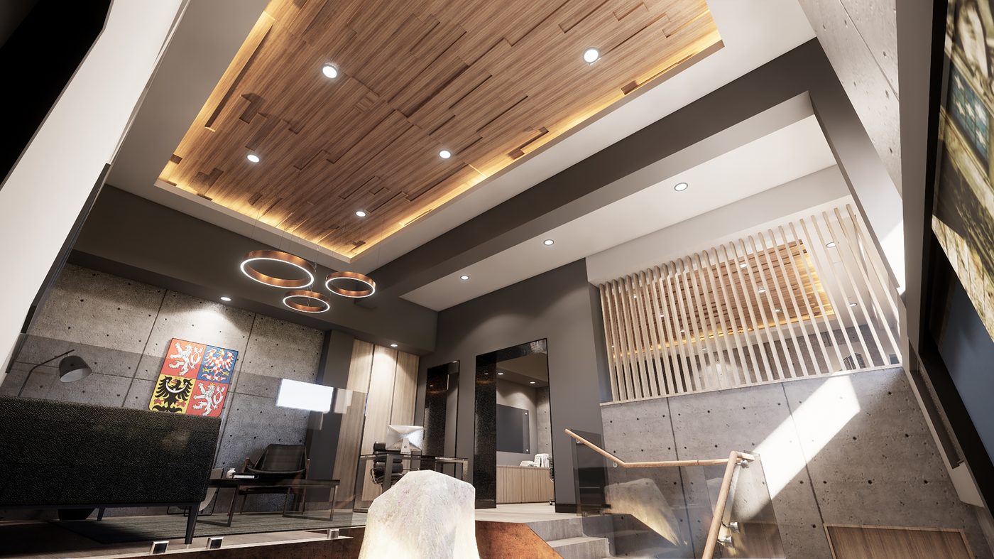 Consulado — lobby, vista del techo de madera
