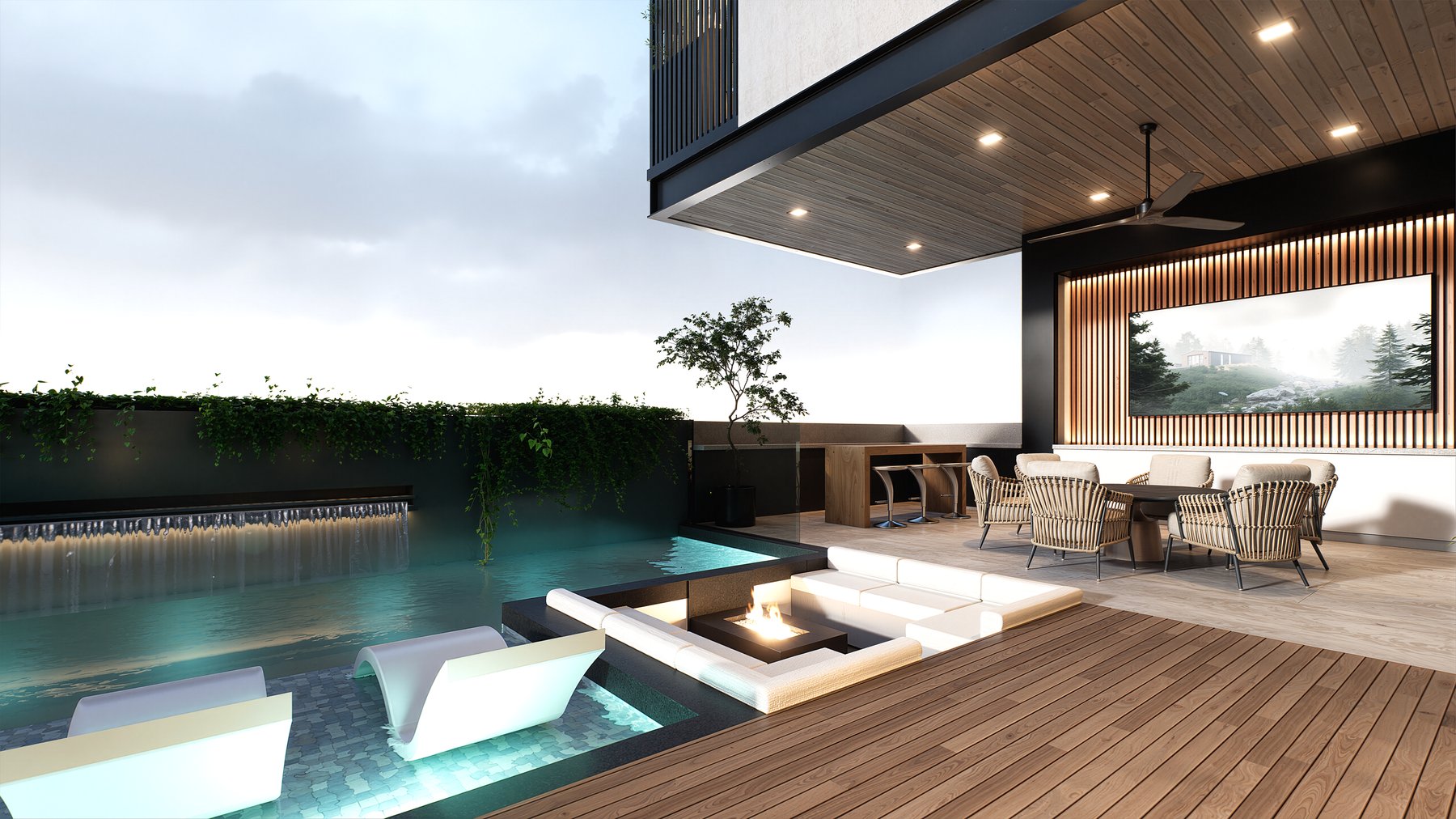 Residencia Cumbres — alberca y fire pit