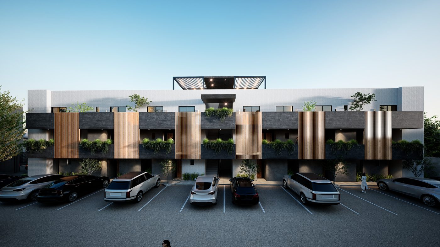 Hamburgo Residence — fachada frontal con estacionamiento