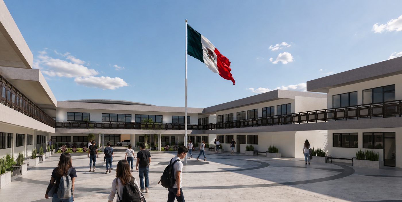 Colegio El Pacífico — patio interior con asta bandera