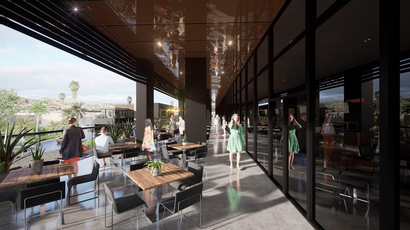 Condominios Picasso — corredor interior con terraza y vista a la ciudad
