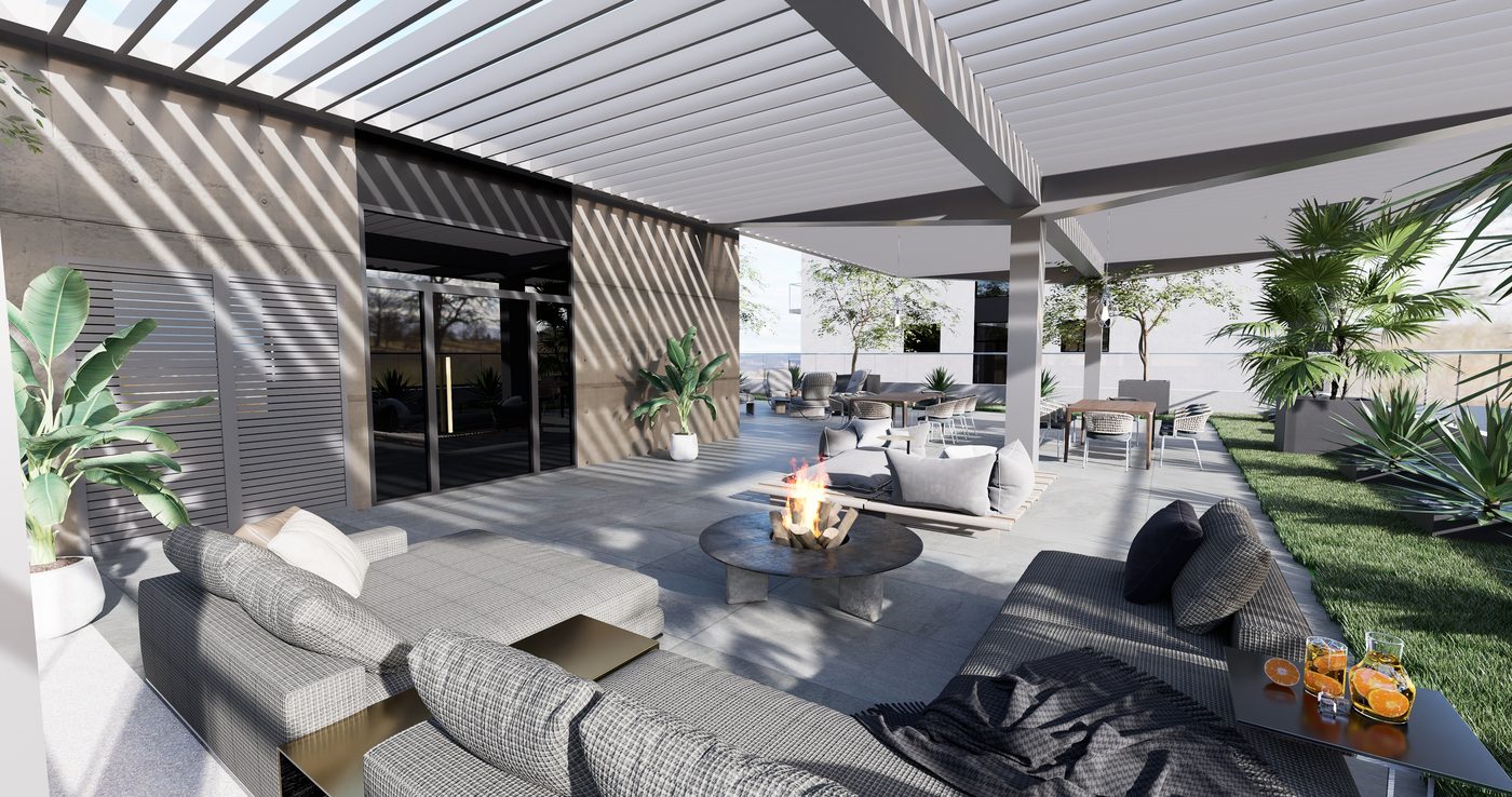 Condominios Picasso — terraza exterior con firepit y lounge