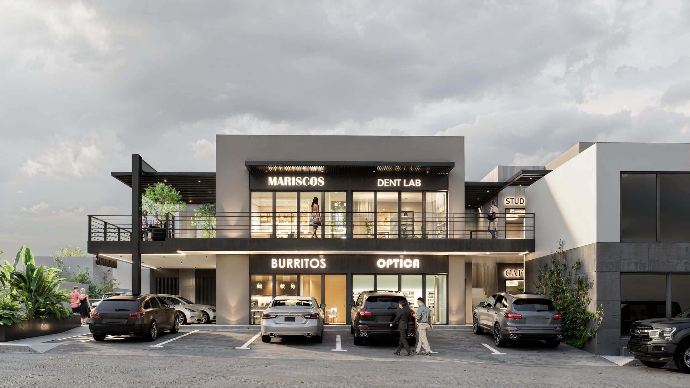 Plaza BV — fachada frontal, mariscos, dent lab, burritos y óptica