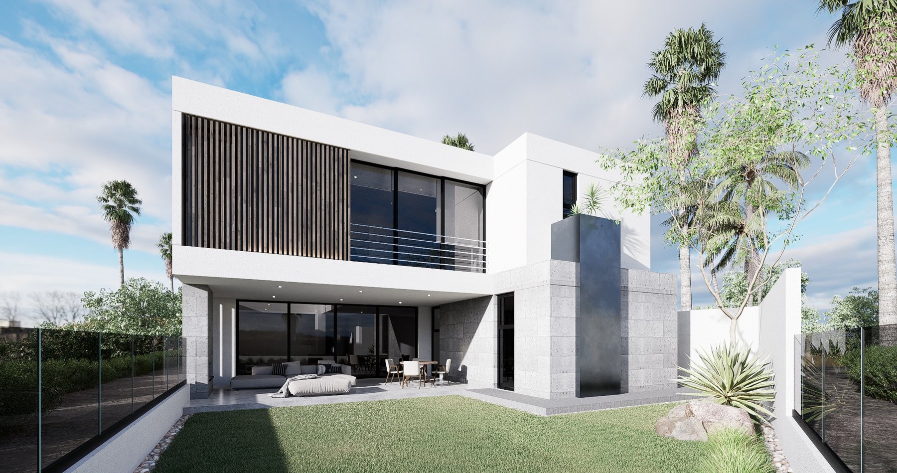 Residencia PR — fachada posterior y jardín