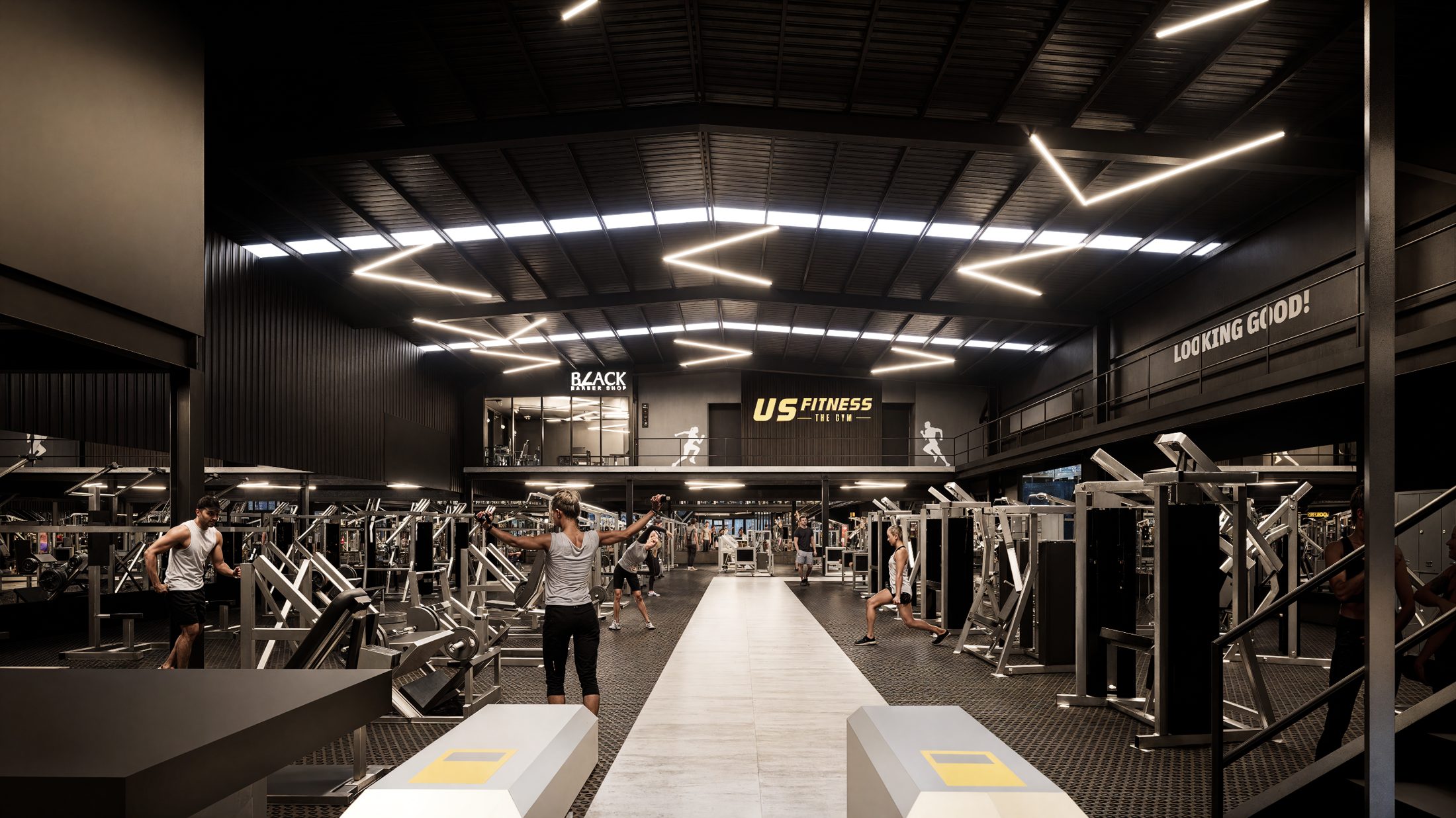 US Fitness — piso de entrenamiento con mezzanine