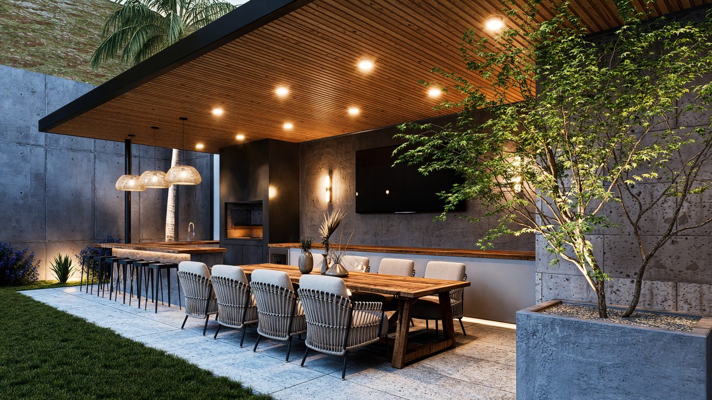Residencia VM 2034 — área exterior cubierta